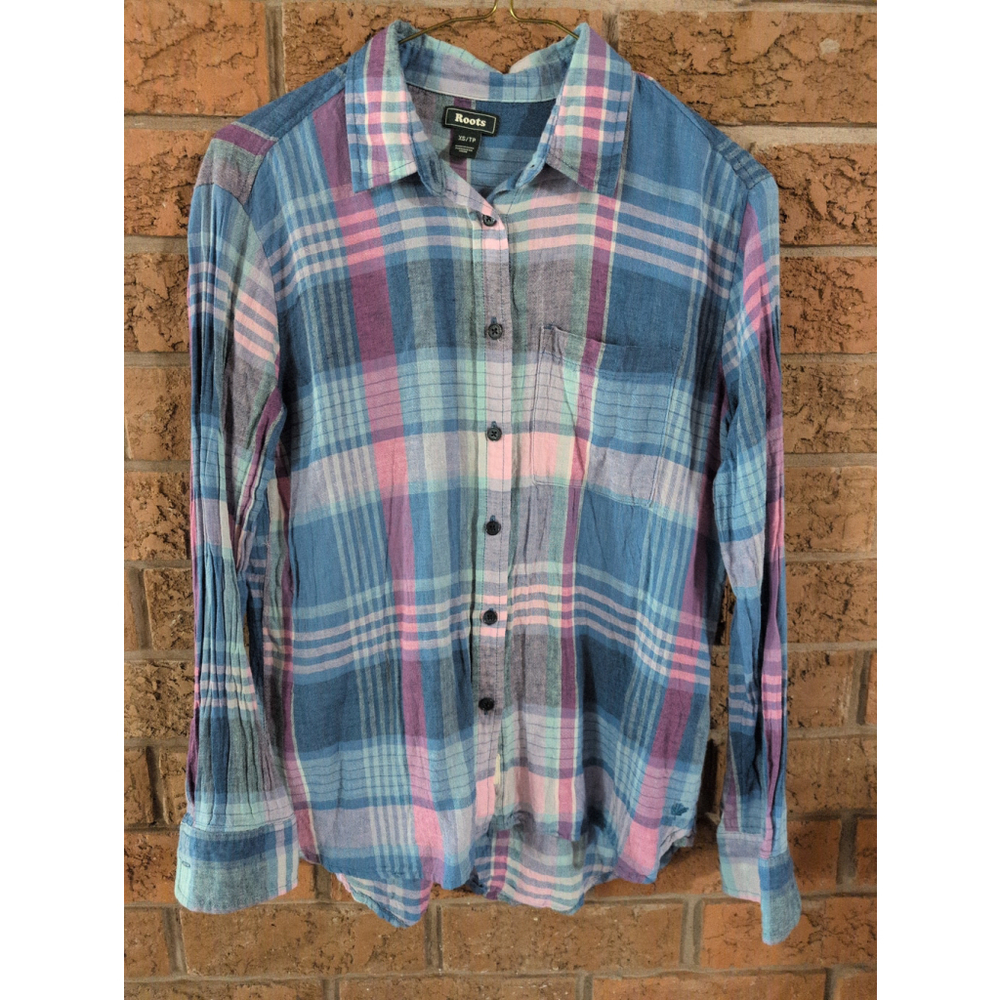 Roots blue purple pink Linen blend plaid button down shirt size xs - Picture 1 of 4